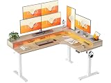 TIQLAB 63'' L-Shaped Standing Desk with LED Light Strip and Power Outlet, Height Adjustable Corner Table with Ergonomic Monitor Stand, Maple