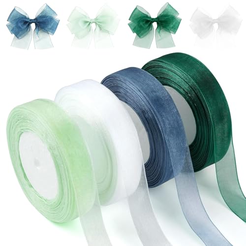 Itharon 4 Rollos Cinta Organza, 45m cada uno | Cinta Regalo Transparente 4 Colores | Ideal Decoración Bodas, Fiestas & Manualidades | Ancho 2cm