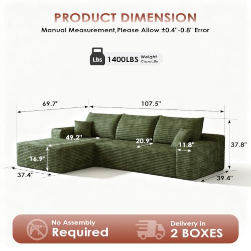 Image of Boneless Couch, Modular Sectional Couches for Living Room, U-Shaped Cloud Couch Sofa with Deep Seat, Fluffy Corduroy Upholstered Corner Sofa