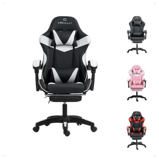 Cadeira Gamer Escritório Arcalli Ergonômica Profissional Descanso de Pernas (Branco)