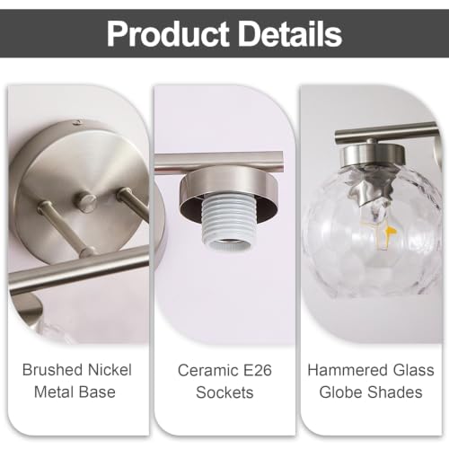 Image of Brushed Nickel 2-Light Bathroom Vanity Light Fixture Over Mirror, Hardwired