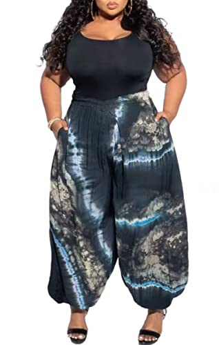 Acatmew Plus Size Harem Pants for Women African Print Casual Bohemian Loose Long Pants with Pocket