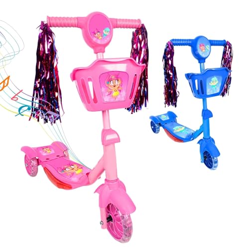 Patinete Infantil 3 Rodas com Luzes Led e Cesta Emite Som Musical Altura Regulável e Freio Traseiro (Rosa)