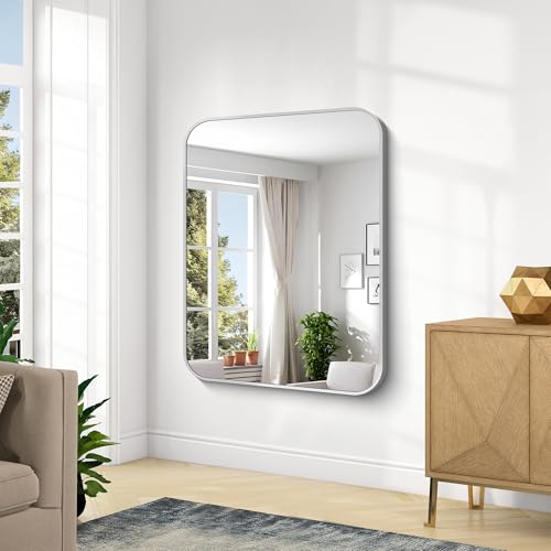 Image of KOCUUY Silver Bathroom Mirror, 48x36 Inch Large Bathroom Mirror for Over Sink, HD Tempered Glass, Anti-Rust Brushed Silver Frame, Rounded Corner Modern Design for Bathroom, Hang Horizontal /Vertical