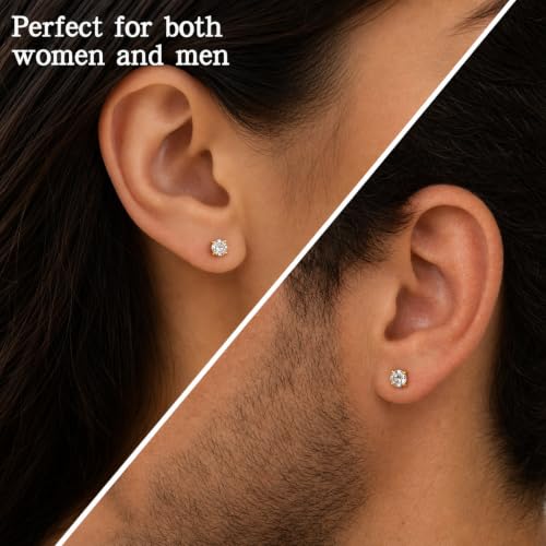 Image of Moissanite Stud Earrings for Men Women, 925 Sterling Silver 18K White Gold Plated, 1CT 6.5mm Round Cut, VVS1 D Color (0.6-2ct)