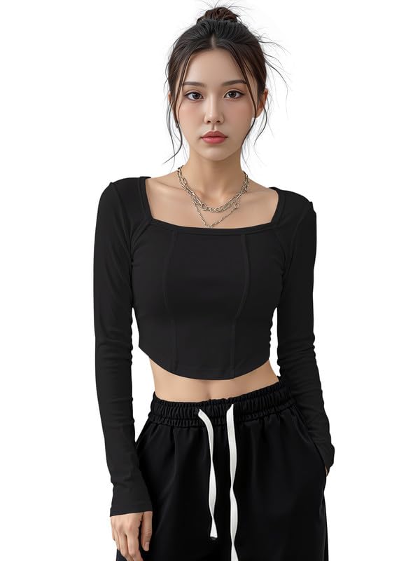 Dream Beauty Fashion Women’s Long Sleeve Slim Fit Crop Top/T-Shirt Square Neck Casual (Top-Avatar-1)