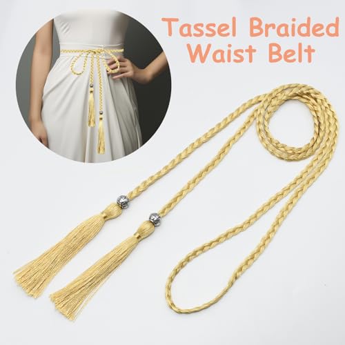 2 Pack Tassel Braided Waist Belt for Women Skinny Tassel Belts Dress Waist Belts Woven Tassel Chain Belt for Skirt Dress3