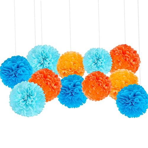 Image of We Moment Paper Pom Poms - Orange & Blue Light Decorations for Wedding, Birthday & Party - 12pcs, 4 Colors, 12 & 10 Inch