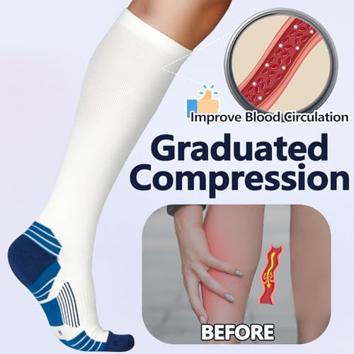 Image of +MD Cotton Compression Socks for Women & Men 4 /6 Pairs 15-20mmHg Knee High for Sports, Travel, Nursing Long Sitting Standing