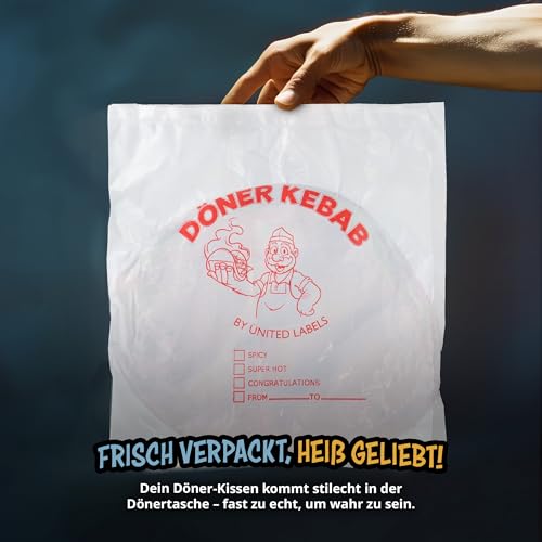 United Labels Döner Kebab Kissen, Kopfkissen 40x30 cm, Sofakissen in Dönertüte, Dekokissen, lustiges Geschenk für Kinder und Erwachsene