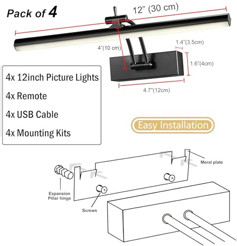 Image of Yuichoy 4 Pack Picture Lights for Wall Battery Operated, 12 inch Wireless Art Lighting for Painting, 6 Colors Picture Frame Lights with Remote, Dimmable 4200mAh Gallery Light, Black
