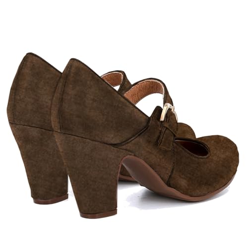 Image of SHODENSE Women Vintage Chunky High Heel Mary Jane Shoes Round Closed Toe Ankle Strap Dress Sandals 3 inch Block Heels Mary Jane Lolita Pumps Two-Toned Patchwork Buckle Office Lady Wedding Retro 4-11 M US