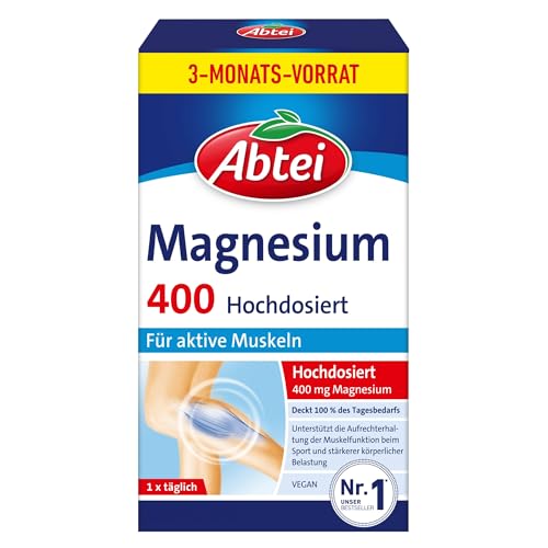 Abtei Magnesium 400 - Magnesiumtabletten zur Unterstützung der gesunden Muskelfunktion - hochdosiert, 400 mg Magnesium - glutenfrei, laktosefrei, vegan - Vorratspackung für 3 Monate, 90 Tabletten Abtei Magnesium 400 - Magnesiumtabletten zur Unterstützung der gesunden Muskelfunktion - hochdosiert, 400 mg Magnesium - glutenfrei, laktosefrei, vegan - Vorratspackung für 3 Monate, 90 Tabletten