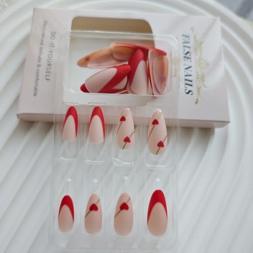 Image of Red French Tip Press On Nails Heart False Nails Medium Almond Glossy Acrylic Full Cover Nude Pink Stick On Nails for Women Manicure
