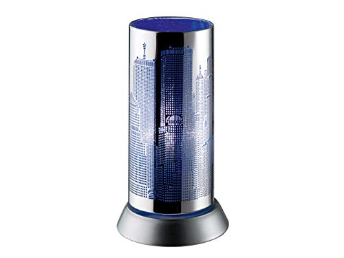 Preisvergleich Produktbild LED Tischleuchte - ausgefallenes Lasercut Motiv Skyline - Ø9cm Höhe 22cm aus Metall in Silber Chrom mit Blau