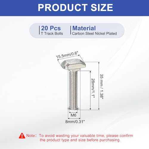 Image of PATIKIL M6 x 30 mm Thread T-Slot Bolts, 20 Pcs Drop-in Bolt Hammer Head T-Bolt Standard 8 mm Sliding Screw Stud for 30 Series Aluminum Extrusion Profile, Silver
