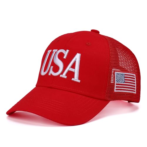 Image of USA Trucker Hat for Men & Women American Flag Cap Adjustable Baseball Cap Mesh Snap Patriotic 3D Embroidered Cap