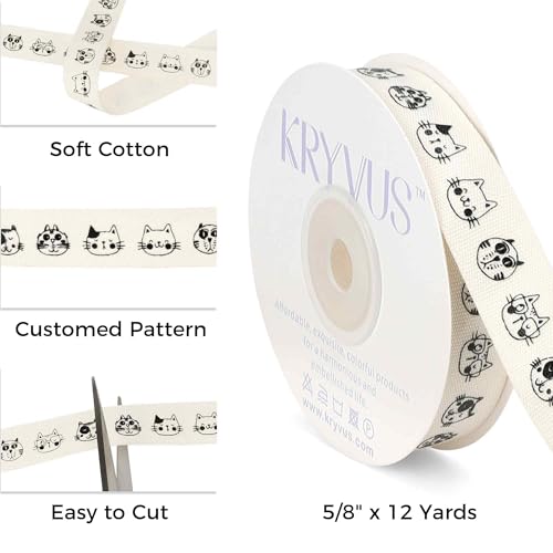 Cat Faces Cotton Ribbon 16mm x 11 Metres Natural Twill Tape Fabric Ribbon with Cat Faces for Pet Lover, Gift Wrapping, Sewing, DIY Crafts, Halloween Party, Birthday Parties Decorations - Image 2