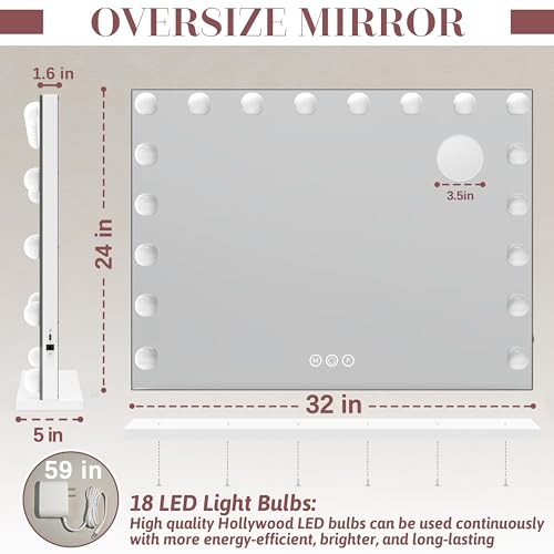 Image of ROLOVE 32 inchx24 inch Hollywood Vanity Mirror with Lights, 15 Dimmable LED Bulbs, 3 Color Modes, 10X Magnification, USB Charging Port, Tabletop or Wall-Mounted