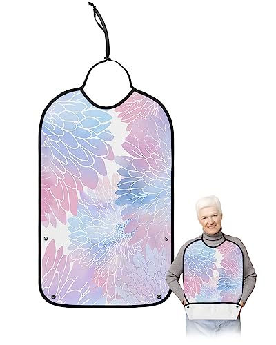 LEOKOTI Marble Dahlia Adult Bibs for Eating, Waterproof Bibs with Food Catcher & Adjustable Snap Closure, Abstract Pink Blue Gradient Washable Clothing Protectors Adult Bibs for Elderly Women/Men