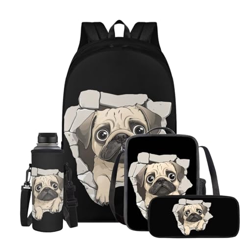 Pug Cute School Bag with Lunch Box Pencil Case Water Bottle Holder Kids Backpack 4PCS Set Bookbag for 6-8 Years Boys Girls Primary Elementary Students Sturdy School Bag