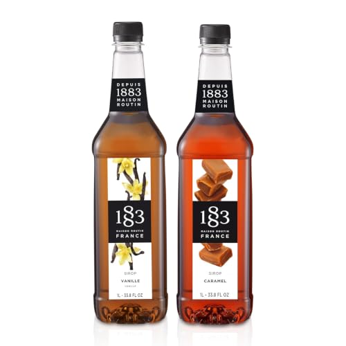 1883 Vanilla &amp; Caramel Syrups (Café Variety Pack) for Coffee &amp; Drinks – 1 Liter Plastic Bottles (Pack of 2)