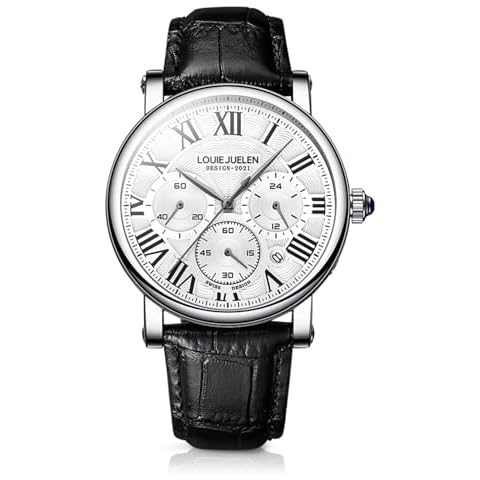 eYotto Men's Stainless Steel Business Watch, Multifunction Quartz Movement Chronograph Roman Numerals Analog Calendar Date Waterproof Leather Band Wristwatch, Formal Dress Gift Watch for Men Silver Cover