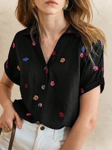Image of Women's Floral Embroidered Shirt | Elegant Short Sleeve Shirts for Casual & Office Wear | Stylish Summer Button-Down Shirt for Girls & Women