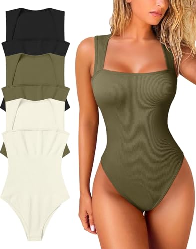 Momuk Body con Tirantes y Cuello Cuadrado para Mujer Faja Moldeadora con Bodysuits Elásticos de Alta Elasticidad para Controlar El Abdomen (Negro+Verde Militar+Beige S)