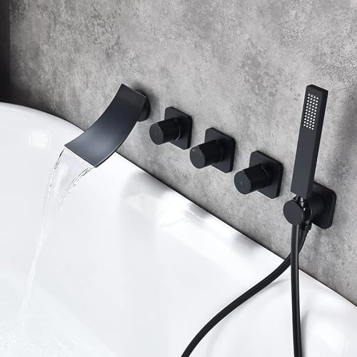 Mitigeur cascade mural noir-B avec douchette et flexible pour baignoire