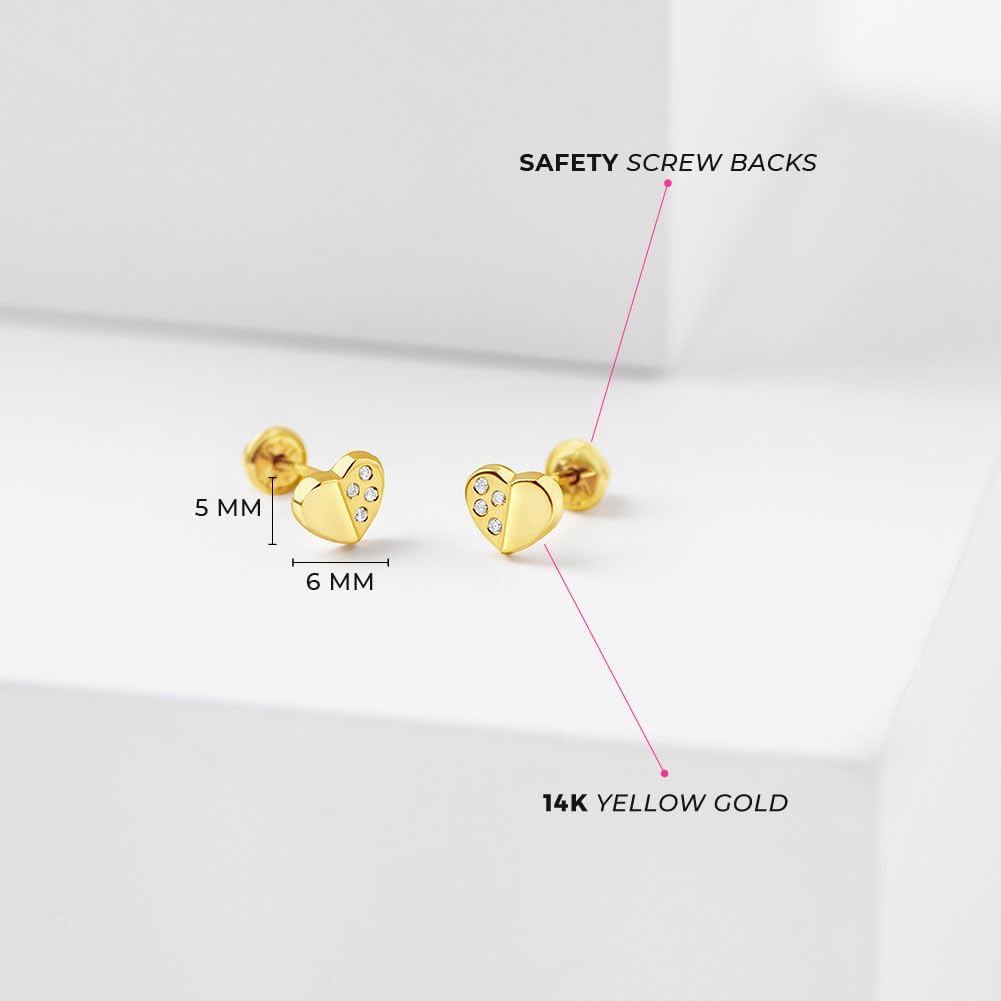 14k Yellow Gold Polished Heart Shaped Screwback Earrings With Clear Cubic Zirconia Stones For Toddlers and Little Girls - Heart Themed Jewelry for Little Girls with Sensitive Ears