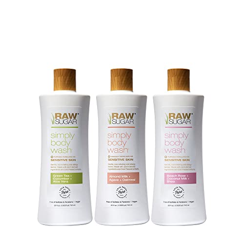 RAW SUGAR Simply Body Wash for Sensitive Skin – Moisturizing, Nutrient-Rich Gentle Bath & Shower Gel, Formulated without Sulfates and Parabens & Vegan (Pack of 3)