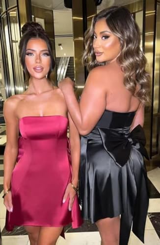 A Line Strapless Short Homecoming Dresses for Teens with Pockets Satin Cocktail Party Gowns for Women with Bow2