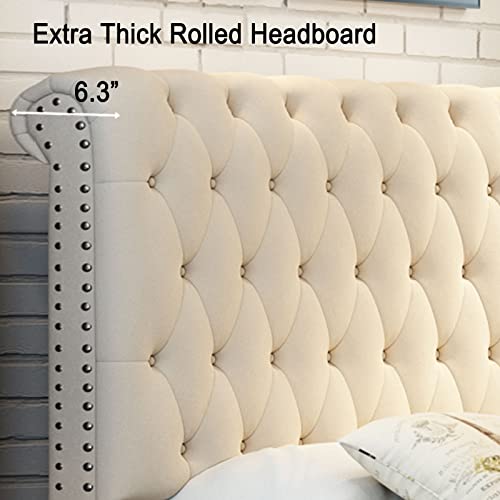 Jocisland Platform Bed Frame Upholstered Bed Sleigh Headboard Velvet Tufted Diamond Button/No Box Spring Needed/Easy Assembly (Cream, King) #TOP2