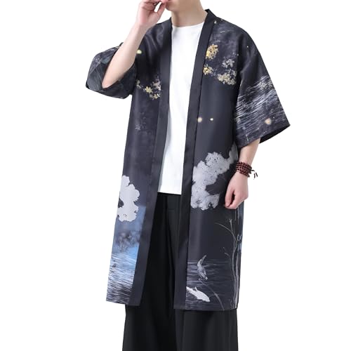 PRIJOUHE Men's Kimono Robe Lightweight Japanese Bathrobe Open Front Casual Long Cardigan Yukata Jacket2