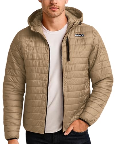 Image of Hurley Mens Puffer Jacket - Lightweight Packable Insulated Winter Coat for Men - Weather Resistant Quilted Outdoor Jacket