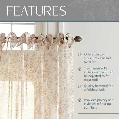Elrene Home Fashions Floral Cottagecore Tie-Top Sheer Window Curtain Panel, Poly-Linen Blend, Flax, 52" W x 84" L (Pack of 1) - Image 3
