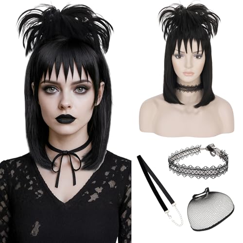 S-noilite Lydia Deetz Wig, Black Ghost Bride Costume Wig and Detachable Bun with Chocker for Girls Women's Halloween Cosplay Party 16 inch