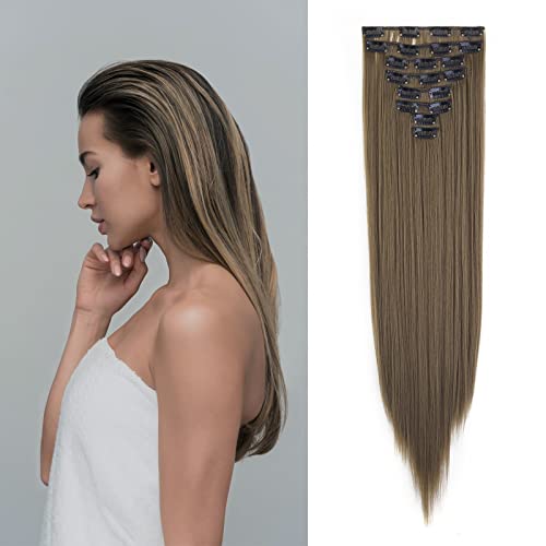Gairyan 24inch Straight Clip in Hair Extensions Long Full Head Hair Extension 8PCS Synthetic Hairpiece Natural Look for Women (Golden Brown)