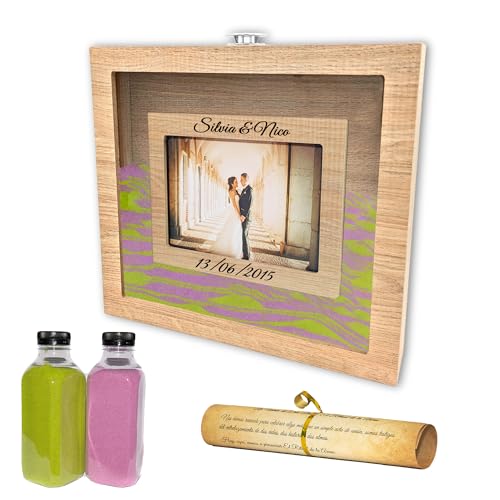 NIRALIS Coffret Cérémonie du Sable de Mariage Personnalisé en Chêne | 2 Flacons de Sable Coloré 800g | Cadre Photo 10x15cm | Personnalisable avec Date et Noms des Mariés (Chêne, Sable Vert et Violet)