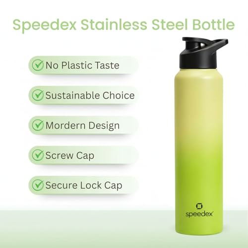 Image of Speedex Stainless Steel Water Bottle 1 Ltr, Leak Proof Sipper Cap, BIS Approved 1000 ml Metal Bottle For Daily, Office, School, Gym, Travel Use for Men, Women, Kids, Adults, Lime Green, Set of 4