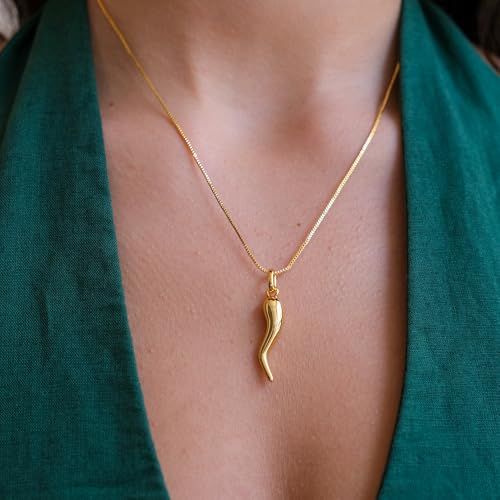 14K Gold Plated Large Cornicello Italian Horn Charm Necklace 18''3