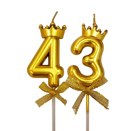 Image of 2 Pc 43 Number Candle for Birthday Cake Metallic 43rd Birthday Cake Decoration Forty Three Candle with Crown on Top Cake Topper 0-9 Number Candles for Anniversary (Pack of 2, Gold)