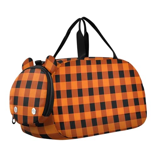 Kids Sports Duffel Bag for Boys & Girls - Orange Plaid Pattern 100% Polyester Gym Bag with Separate Shoe Compartment, Adjustable Shoulder Strap, Compact Travel & Workout Gear Bag