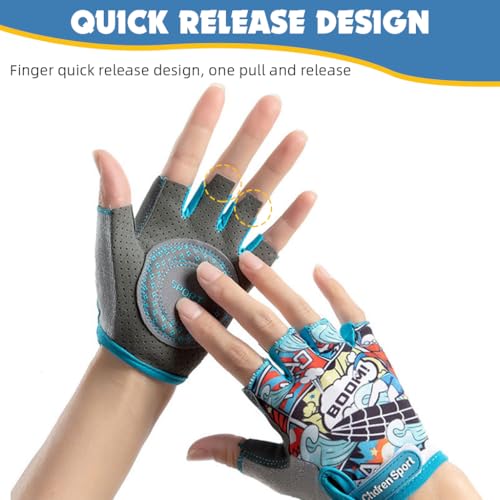 Image of Proberos Surfing Boy Kids Bike Gloves Size S for 4-8 Years Old, Anti-Slip Breathable Fingerless Cartoon Print Riding Sport Gloves for Children's Bicycle
