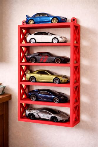 Image of 6-Car Display Rack - Premium Matte Black Tabletop Organizer with Tire Slots & Side Guards for 1:64 Scale Diecast Cars (Hot Wheels, Matchbox, Tomica,)(NO CAR INCLUDED) (Red)