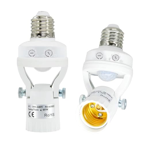 NUNET 2pcs PIR Motion Sensor Socket - Angle Swivel Screw-in Adapter for Automatic Light Control Adjustable Duration and Light Sensitivity Suitable for Outdoor Indoor Porch Garage Basement