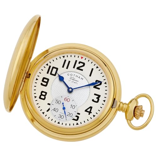 Gotham Men's Classic Gold Plated Polished Case Double Hunter 17 Jewel Mechanical Pocket Watch # GWC18809G