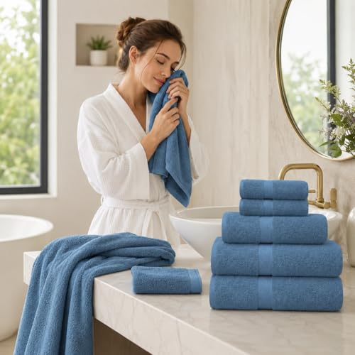 Image of Sulfar 100% Combed Cotton, 6 Pcs Towel Set - 2 Bath Towels (70 x 140 cm), 2 Hand Towels (40 x 70 cm) and 2 Face (30 x 30 cm) (600 GSM, Pack of 6) Dark Blue