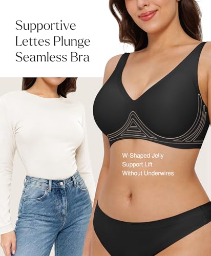 Wireless Pushup Bra for Women Comfortable Bras Full Support Comfy Seamless Bralettes No Underwire Tshirt Bra Deep V Black — view 2
